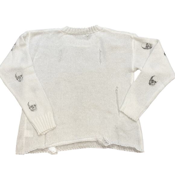 Skull Printed Distressed Bright Snow White Relaxed Crewneck Sweater Large NEW - Picture 3 of 4
